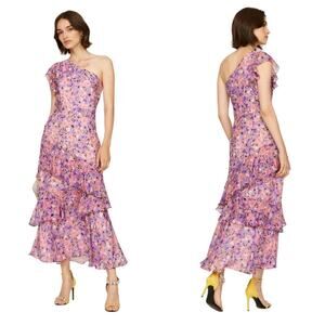 Shoshanna Priya Dress Silk Floral Ruffle One Shoulder Maxi Formal Cocktail 0